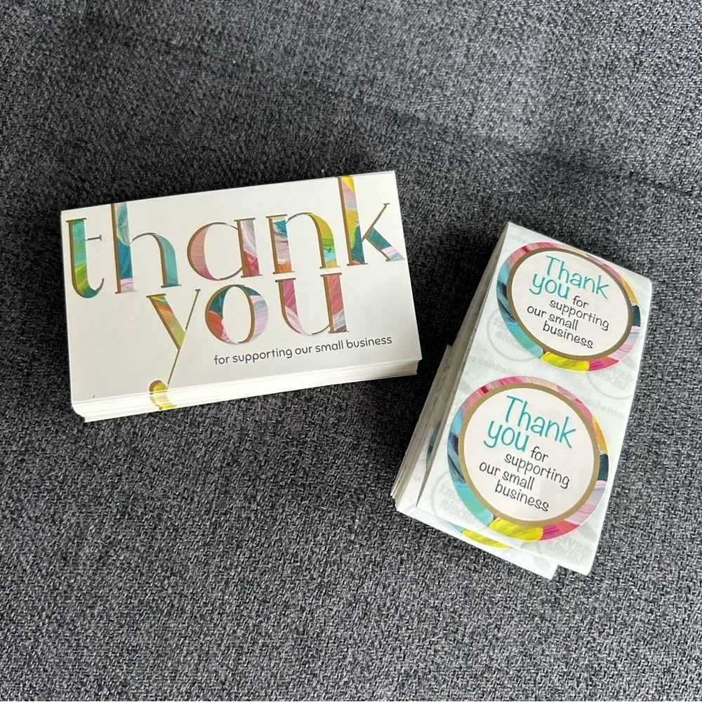 25 THANK YOU Business Cards + 25 Stickers, Starter Set, Colorful, Gold Foil